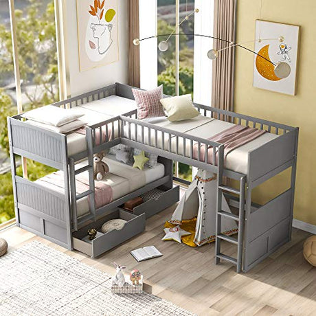 GAOWEI L-Shaped Bunk Bed with Drawers,Twin Over Twin Triple Bunk Beds and Loft Bed for 3 with Ladder & Guardrail & Headboard & Footboard Kids/Solid Wood Triple Bunk Bed for Kids (Gray) GAOWEI