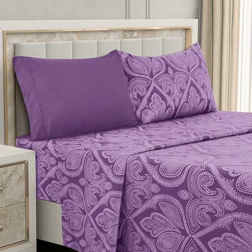 Ultra Soft Wrinkle-Free Microfiber Paisley Twin XL Sheet Set, Breathable Boho Bed Sheet Set – 16" Deep Pocket Fitted Sheet, Flat Sheet & 2 Pillowcases, Juegos de Sábanas, OEKO-TEX - Purple LDC LUX DECOR COLLECTION
