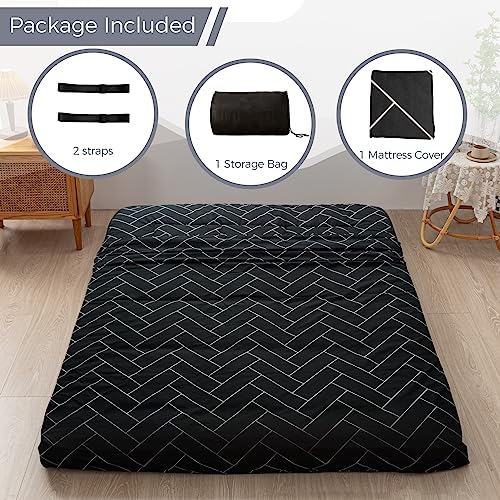 MAXYOYO Black Geometric Pattern Futon Mattress, Japanese Floor Mattress Quilted Bed Mattress Topper, Extra Thick Folding Sleeping Pad Breathable Floor Lounger Guest Bed for Camping Couch, Queen MAXYOYO