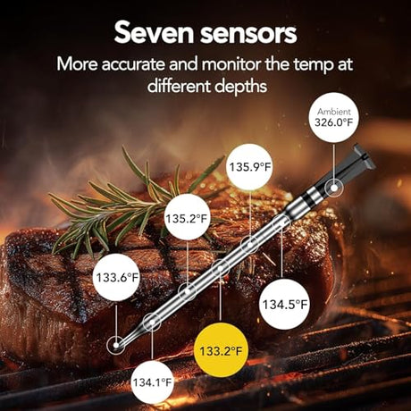 BBQOVN WiFi Sub-1G Wireless Meat Thermometer Unlimited Range 7 NIST Certified Sensors with Ambient Temp 2 Temp Monitoring Ways Digital Smart Base and App for BBQ, Smoker, Grill, Oven (Dual Probes) BBQOVN