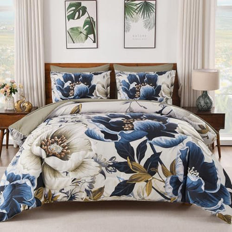 Dintszyayue Brown Comforter Set King Size, 7 Pieces Floral Bed in a Bag Set, Texture Blue Flower Bedding Sets, Soft Microfiber for All Season with Flat Sheet Fitted Sheets Pillowcases and Shams Dintszyayue