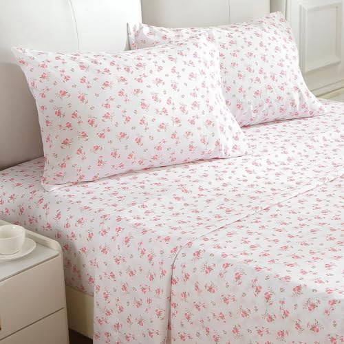 MUXHOMO Queen Size 4 Piece Sheet Set, Soft Breathable Bed Sheet Set for Bedroom with Deep Pocket Up to 16", Wrinkle-Free & Cooling Bedding for Oeko-TEX Certified - Blossoms Pink MUXHOMO