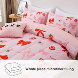 A Nice Night Red Bow Comforter Set,6 Piece Bed in a Bag Matching Sheet Set,Cute Ribbon Bowknot Bedding Sets,Princess Style Strawberry Printed,Light Pink Room Decor for Girls,Full A Nice Night