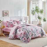 Joyreap 3pcs Floral Comforter Set Full/Queen, Tie-dye Pink Flowers on Gray Design, Microfiber Lightweight Bedding Comforter Set for All Season- 88x88 inches Joyreap