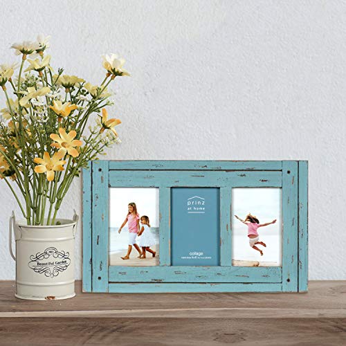 Prinz Homestead Blue Three-Picture Frame, 4 x 6 Distressed Wood Collage Frame, Wooden Rustic Decor, Two-Way Easel, Can Be Wall-Mounted, 15.5 x 0.75 x 9.1 Inches Prinz