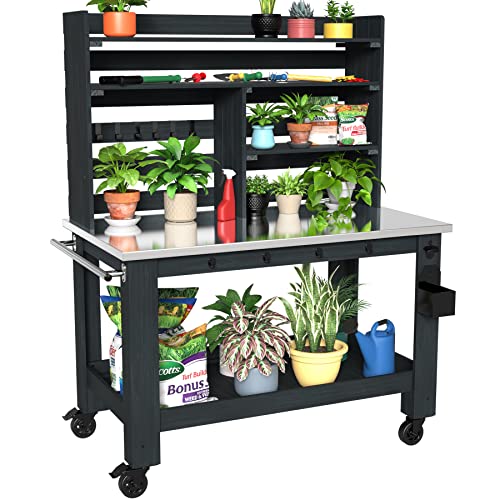 GDLF Potting Bench Table Large Outdoor Kitchen Island Prep Station with Stainless Steel Top Waterproof Cover, Hardwood, 66.9" H GDLF