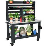 GDLF Potting Bench Table Large Outdoor Kitchen Island Prep Station with Stainless Steel Top Waterproof Cover, Hardwood, 66.9" H GDLF