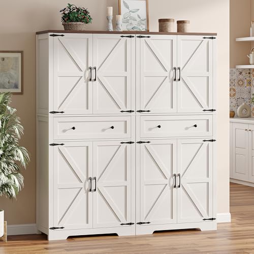 71" Tall Kitchen Pantry Storage Cabinet with Barn Doors and Shelves, White Farmhouse Linen Storage Cabinet With Drawers, Free standing Food Pantry Cabinets for Kitchen, Dining Room, Living Room Befrases