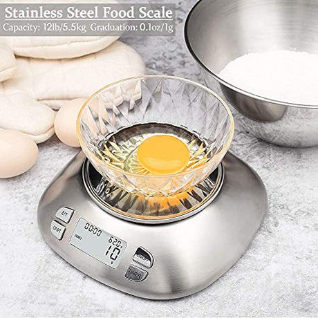 Digital Kitchen Scale with Removable Bowl 2.5L Volume, Electronic Stainless Steel Food Scale for Cooking Baking, Room Temperature, Alarm Timer, 12lb 5.5kg, Batteries Included FOLIND