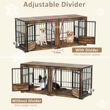 61'' Double Dog Cage Furniture for 2 Dogs, TV Stand Dog Kennel with Adjustable Divider, Heavy Duty Double Dog Crate Furniture Indoor with 4 Bowls, XL Dog Crate End Table for Medium Small Breed, Brown BEURUKU