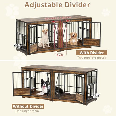 61'' Double Dog Cage Furniture for 2 Dogs, TV Stand Dog Kennel with Adjustable Divider, Heavy Duty Double Dog Crate Furniture Indoor with 4 Bowls, XL Dog Crate End Table for Medium Small Breed, Brown BEURUKU