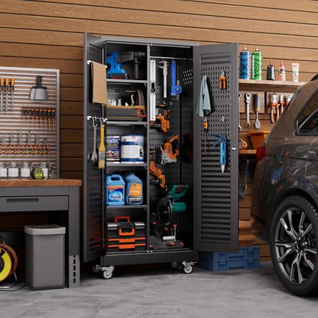 Aobabo Lockable Metal Storage Cabinet with 4 Adjuatable Shelves,Garage Storage Cabinet with Wheels and 5 Remove Pegboard,Required Assembly,Black,70.87''H*31.5''W*15.75''D Aobabo