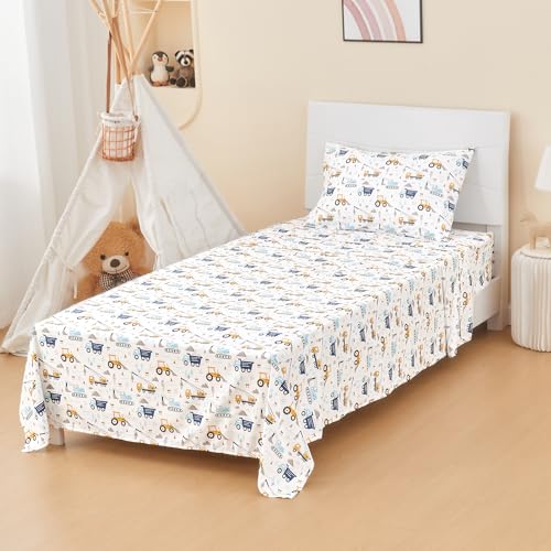 lasoftan Kids Sheet Set Full Size, Boys Full Sheet Set with White Car Pattern，Breathable Silky Soft Microfiber Kids Fitted Sheet lasoftan