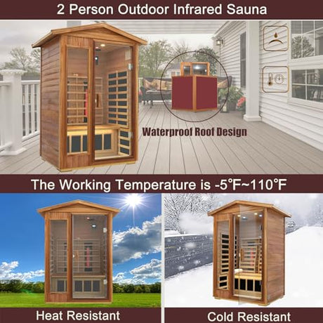 KUNSANA Outdoor Sauna 2 Person, Ceramic Infrared Saunas for Home, Ultra Low EMF Infrared Sauna, Mahogany Wood Home Sauna Room with Bluetooth Speakers, LED Reading Lamps, Chromotherapy Lights KUNSANA
