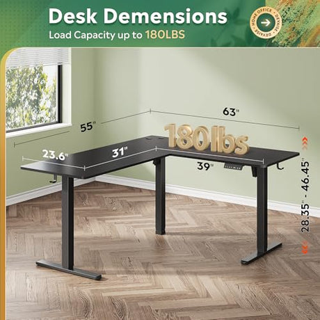 DEVAISE L Shaped Standing Desk Adjustable Height, Dual Motor Electric Corner Standing Desk, 63x55 inch Sit Stand up Home Office Desk with Splice Board, Black DEVAISE