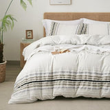 Ranunculus Tufted Stripes Ombre Queen Duvet Cover Set, Soft Brushed Microfiber Striped Duvet Cover Queen Size with Button Closure & 2 Pillow Shams, Comforter Not Included (White Ombre, 90"x90") Ranunculus