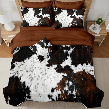 MUGINYU Brown Cowhide Comforter Set King, 8 Pieces Bed in a Bag Black White Cow Skin Print Western Farmhouse Animal Fur Bedding Set MUGINYU