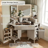 T4TREAM Fluted Makeup Vanity Desk with 3 Way Mirror and Lights, 48" Large Corner Vanity Table with Glass Top, Charging Station, 3 Drawers, Storage Cabinets & Shelves, for Bedroom, White Alder T4TREAM