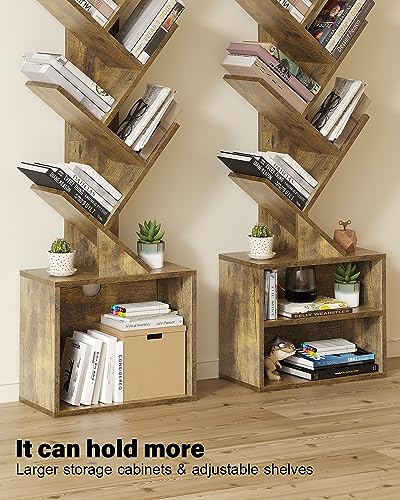 SUNMORY Rustic Brown 6-Tier Tree Bookshelf with Storage Cabinet for Small Spaces - WoodArtSupply