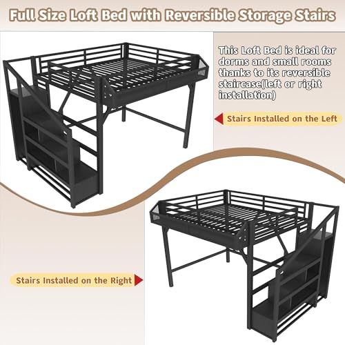 Bellemave Full Loft Beds with Storage Beside Shelves and Wardrobe, Metal Loft Bed with LED Lights and USB Ports, Heavy-Duty Loft Bed Frame for Teens, Adults, Noise-Free & Space-Saving, Black Bellemave