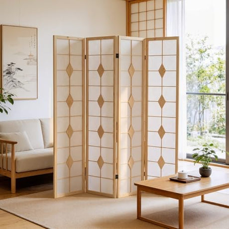 Shoji Room Divider, 67 Inch Tall Japanese Style Room Divider, Folding Privacy Shoji Screen, Dividers for Room Separation, Portable Partition for Home Office - 4 Panel (White) ZFFURN