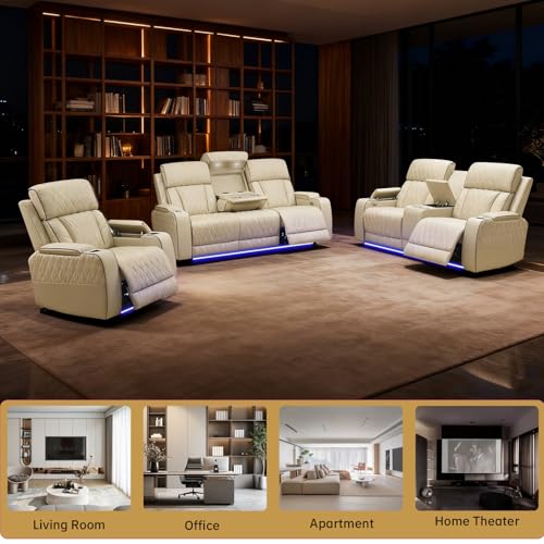 Saxum Tegmen Living Room Furniture Sets, Power Recliner Sectional Sofa with LED Lights, Leather Couch Set, Reclining Sofa for Living Room, Home Theater,and Office (3PCS Set, Beige)