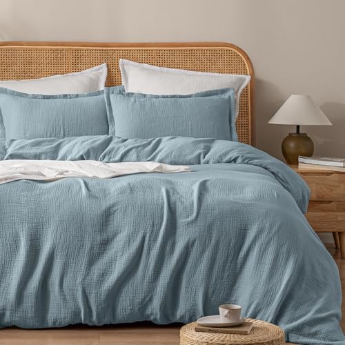 PHF 100% Natural Cotton Muslin Duvet Cover Set King Size, Ultra Soft Breathable Absorbent, Luxurious Minimalist Gauze Bedding for All Season, Duvet Set with 2 Pillow Shams, 104" x 90", Dusty Blue PHF