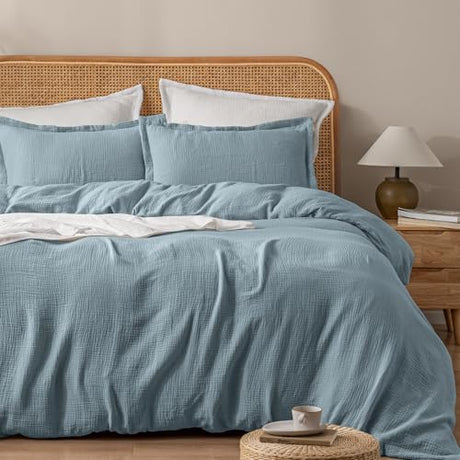 PHF 100% Natural Cotton Muslin Duvet Cover Set King Size, Ultra Soft Breathable Absorbent, Luxurious Minimalist Gauze Bedding for All Season, Duvet Set with 2 Pillow Shams, 104" x 90", Dusty Blue PHF