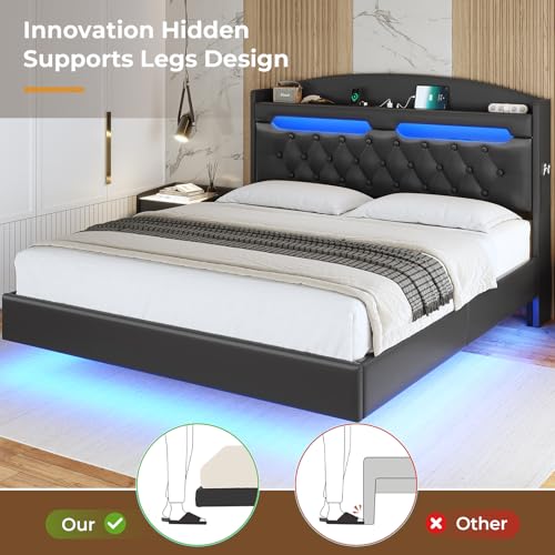 ADORNEVE Floating Bed Frame Queen with Hidden Storage Headboard, Floating LED Bed Frame with Charging Station, Upholstered Leather Platform Bed with Storage, No Box Spring Needed, Black ADORNEVE