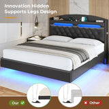 ADORNEVE Floating Bed Frame Queen with Hidden Storage Headboard, Floating LED Bed Frame with Charging Station, Upholstered Leather Platform Bed with Storage, No Box Spring Needed, Black ADORNEVE