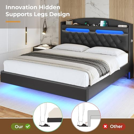 ADORNEVE Floating Bed Frame Queen with Hidden Storage Headboard, Floating LED Bed Frame with Charging Station, Upholstered Leather Platform Bed with Storage, No Box Spring Needed, Black ADORNEVE