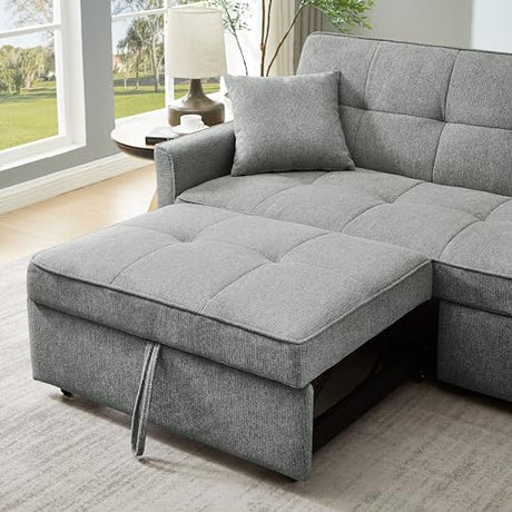 HKYYUANQI 3 in 1 Convertible Sleeper Sofa Bed, Modern Fabric Loveseat Futon with Reclining Backrest, Pillows, and Storage Pockets for Small Spaces, Living Room Furniture in Grey HKYYUANQI