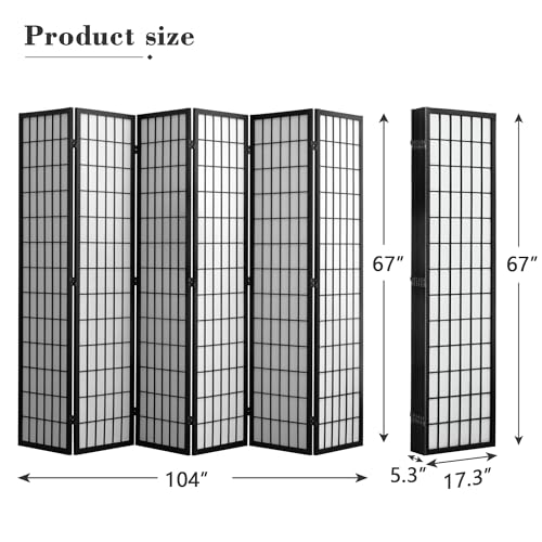 WelFurGeer 6 Panel Shoji Screen Room Divider, Folding Privacy Screens, Room Partitions and Dividers, Decorative Room Dividers, Wall Dividers for Room Separation, Japanese Room Divider for Home (Black) WelFurGeer
