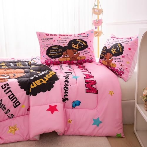 GRAT TIOC Black Girl Magic Comforter Set Twin,Black Girl Bedding Set,Christian Inspirational Little Princess Comforter,God Says I Am Afro Melanin Peekaboo Bedroom Set GRAT TIOC
