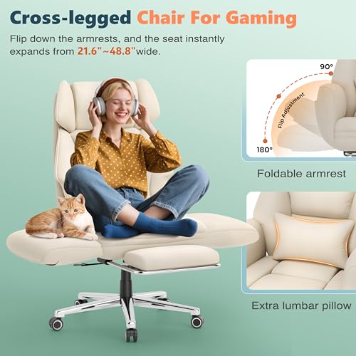 GABRYLLY Office Criss Cross Chair with Footrest, Big and Tall Executive Chair with Wide Seat,Reversible Armrest,Wheels, Lumbar Pillow and 120°Tilt,Computer Desk Chair for Gaming,Meditation,Ivory GABRYLLY