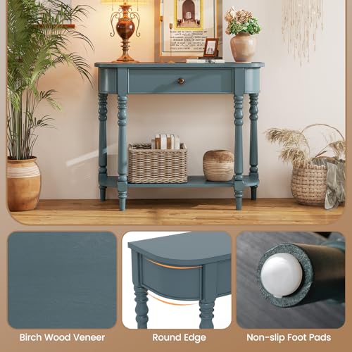 Giantex 2-Tier Console Table, 36" Retro Entryway Table with Storage Drawer & Elegant Legs, Narrow Wooden Sofa Table with Open Shelf for Living Room, Foyer, Hallway, Bedroom, Entrance (Blue) Giantex