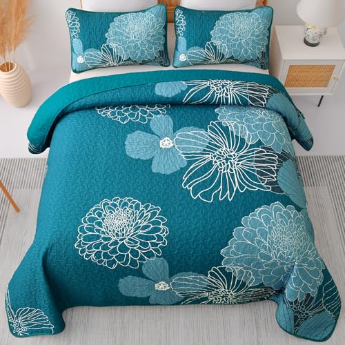 King Quilt Sets Teal Floral Pattern Quilt Bedding Set, 3 Pieces Botanical Quilt Bedspread Coverlet Set, Soft Microfiber Boho Flower Bed Coverlet Bedding Set for All Season(104" x 90) Anibedding