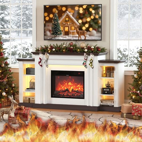 ENSTVER 72''Modern Electric Fireplace Mantel TV Stand,Large Entertainment Center with Open Storage Shelves for 80''TV, LED Ambient Lighting Fireplace TV Stand for Living Room ENSTVER