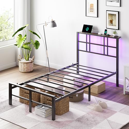 VINGLI Twin Bed Frame with Storage Headboard, LED Lights, and Charging Station, Single Metal Platform Pannel Bed with Wooden Storage Shelf, Underbed Storage Space, Apartement, Black VINGLI