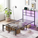 VINGLI Twin Bed Frame with Storage Headboard, LED Lights, and Charging Station, Single Metal Platform Pannel Bed with Wooden Storage Shelf, Underbed Storage Space, Apartement, Black VINGLI