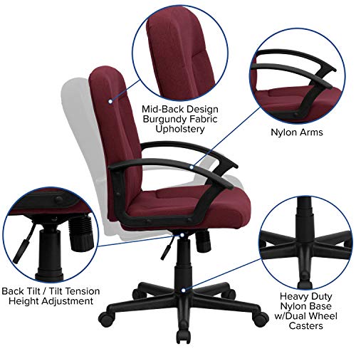 Flash Furniture Garver Mid-Back Burgundy Fabric Executive Swivel Office Chair with Nylon Arms Flash Furniture