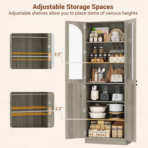 Cyclysio 80" Kitchen Pantry, Tall Arch Storage Cabinet with Tempered Glass Doors, Freestanding Wood Floor Cupboard Bookcase with Seamless Fit Wall for Dining Room, Living Room, Bathroom (Ash Grey) Cyclysio