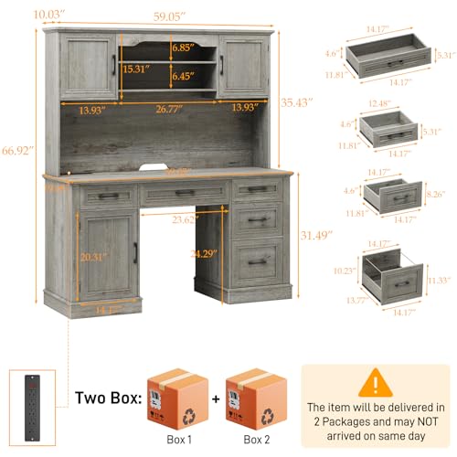 67" H Farmhouse Executive Desk with Hutch. Wood Workstation with 5 Drawers, Storage Cabinet, File Drawers and Charging Station, Ideal as Office Desks, Computer Desk for Home Office and Study.Gray Halitaa
