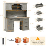 67" H Farmhouse Executive Desk with Hutch. Wood Workstation with 5 Drawers, Storage Cabinet, File Drawers and Charging Station, Ideal as Office Desks, Computer Desk for Home Office and Study.Gray Halitaa