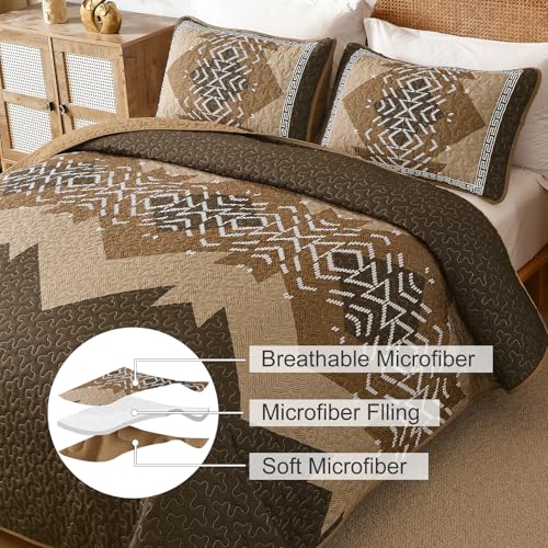 Dintszyayue Brown Quilt Set Queen Size,3 Piece Boho Aztec Texture Bedspread Coverlet Set Reversible Lightweight Bedding Set Geometric Bohemian Bed Cover with 2 Pillowcases(Dark Brown,90"x96") Dintszyayue