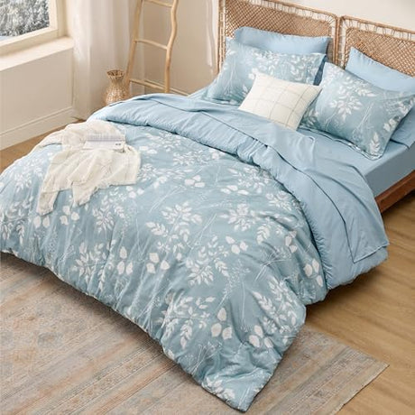 Bedsure Sky Blue Queen Comforter Set - 7 Pieces Floral Bedding Sets, Queen Bed in a Bag with Reversible Botanical Flowers Comforter, Sheets, Pillowcases & Shams Bedsure
