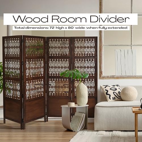 Room Divider Screen, 4-Panel Folding Wood Screen Pattern, Antique Brown, 72 x 80 Inches, Hand Carved Decorative and Functional, Reversible, Portable Privacy Partition, Boho Style – Bedding Craft Bedding Craft