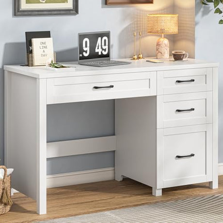 Vabches Farmhouse 47" Executive Desk, Computer Desk with File Drawer and Charging Station, Workstation for Home Office, Study.Cream White Vabches