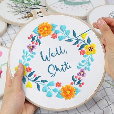 Louise Maelys Funny Embroidery Kit for Beginners,Adults Cross Stitch Kits with Flower Wreath Pattern,Needlepoint for Starters Including Cloth,Hoop,Instruction and Threads Louise Maelys
