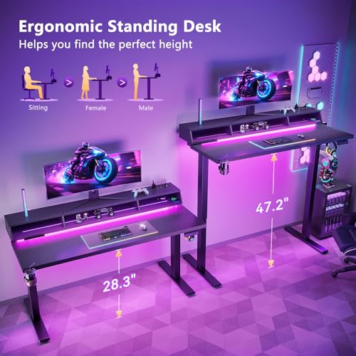OffiGo Gaming Standing Desk with LED Light, 55 Inch Electric Height Adjustable Table with Power Outlet & Monitor Stand, Sit Stand Computer Workstation for Home, Bedroom, Black OffiGo